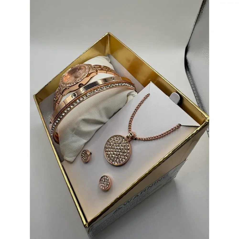 Folio Women Rose Gold Crystal Watch Bracelet Necklace Earring Box Set New in Box